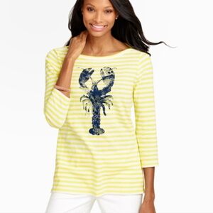 NWT Talbots 100% Cotton Striped Yellow & White Nautical Lobster 3/4 Sleeve Tee
